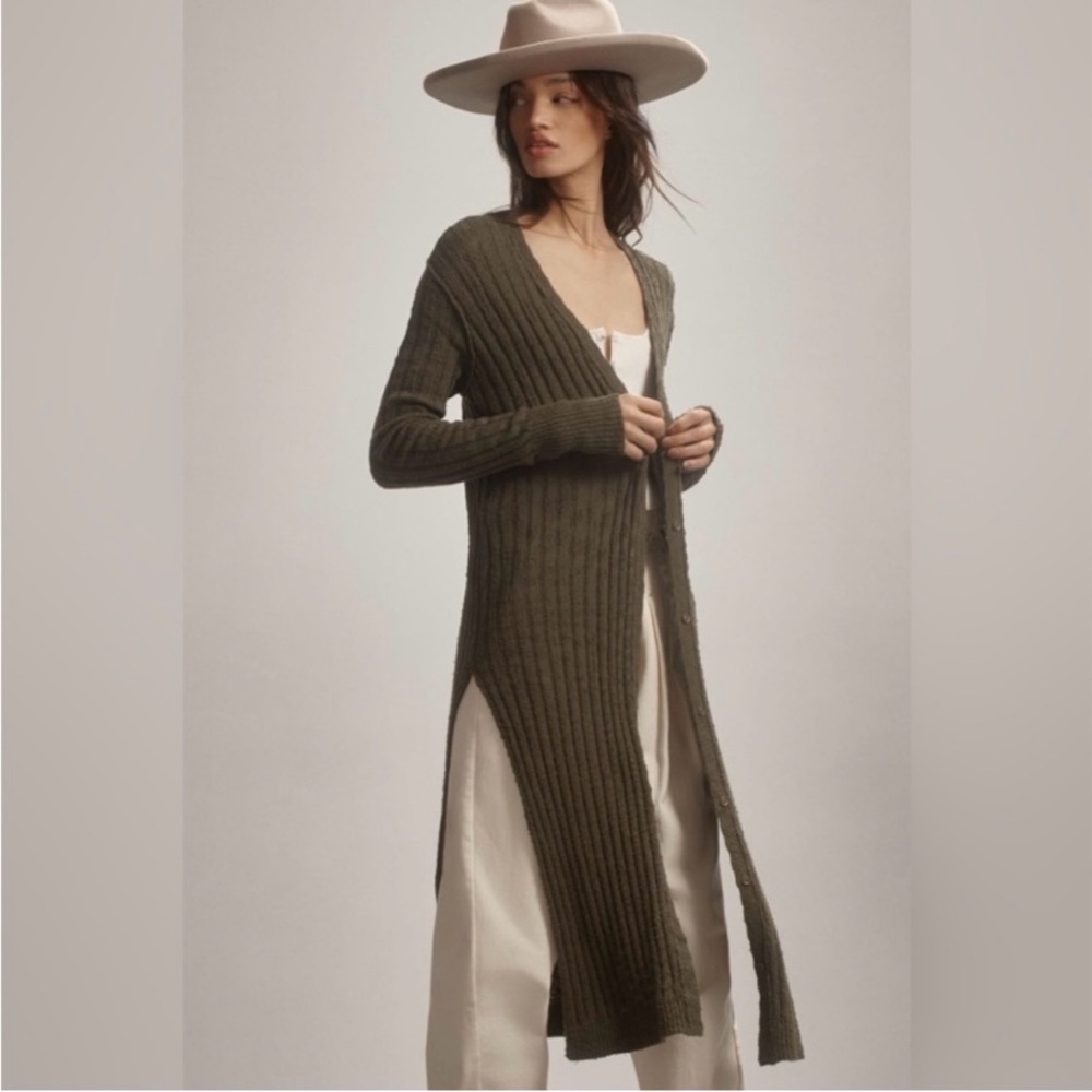 LOW START - ANTHROPOLOGIE Pilcro Duster Women’s Medium Olive Long Sweater - Picture 2 of 11